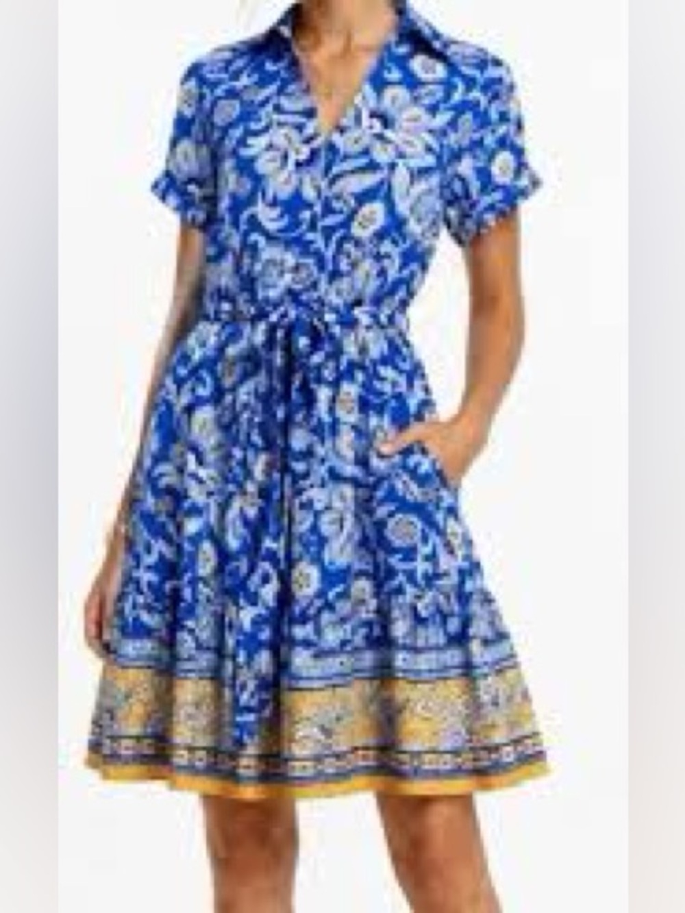 Sam Edelman Blue Paisley Fit-and-Flare Mini Dress with Gold Border